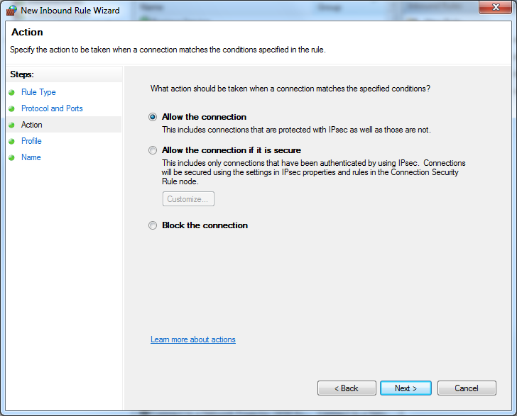 Windows Firewall allow the connection option