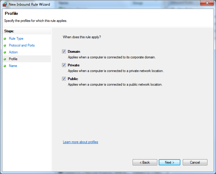 Windows Firewall inbound rule profile