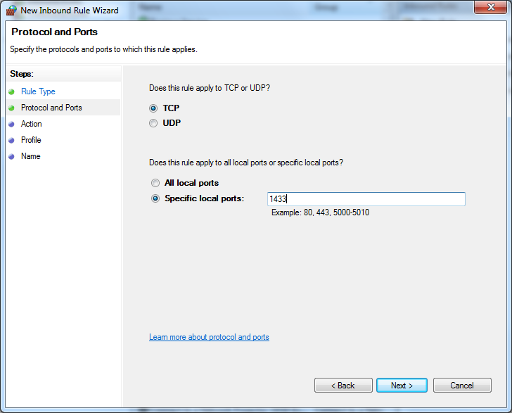 Windows Firewall TCP 1433 rule for SQL Server 2012