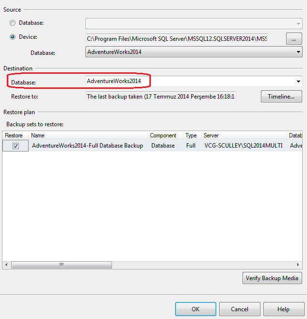 restore to create SQL Server 2014 sample database from backup file