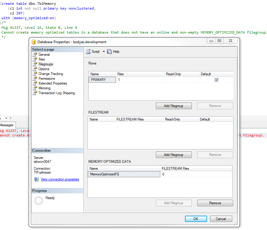 Cannot create memory optimized tables in a database that does not have an online and non-empty MEMORY_OPTIMIZED_DATA filegroup