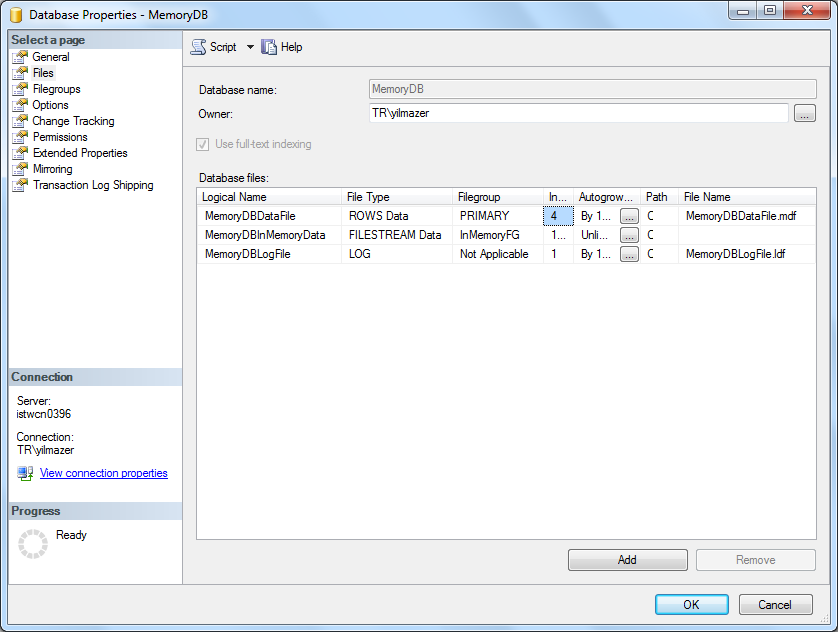 SQL Server 2014 in-memory database data files