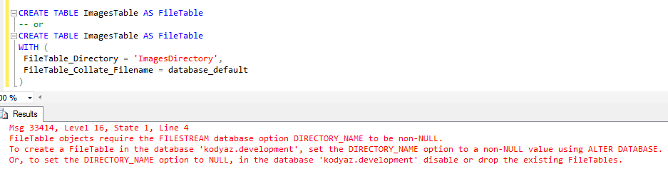 SQL Server create FileTable error due to FileStream Directory name