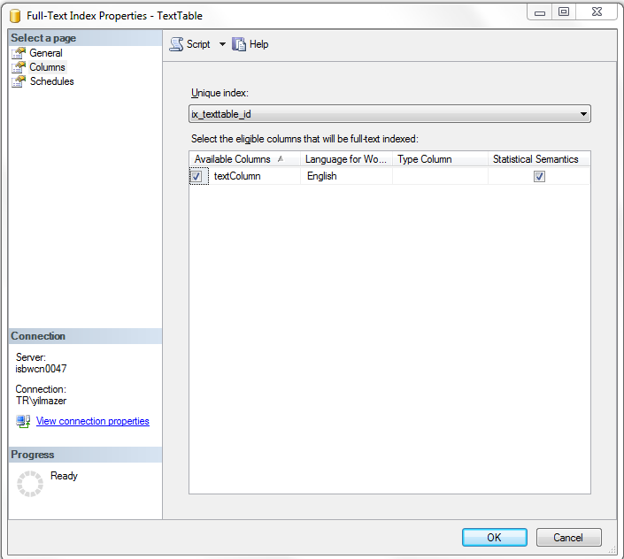 Statistical Semantics option for full-text index column