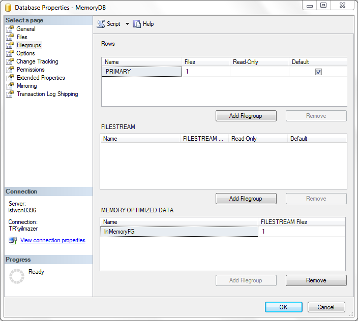 in-memory database file groups of a SQL Server 2014 database