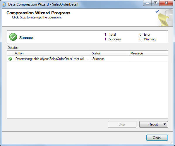 SQL data compression progress screen