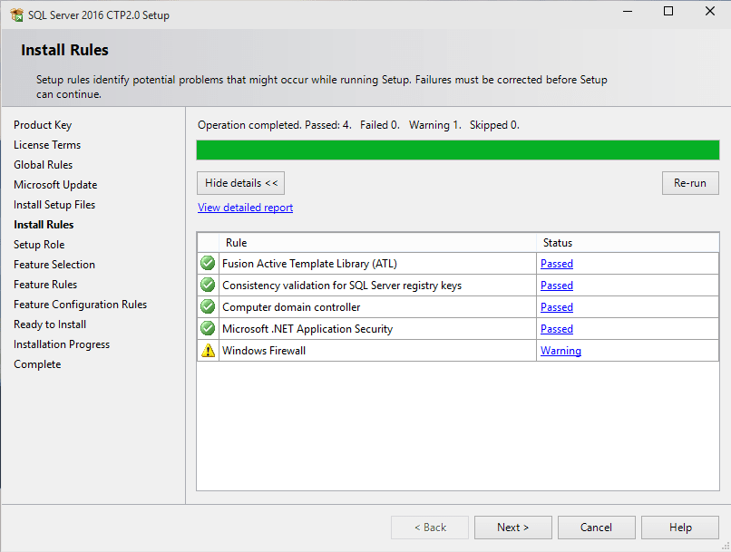 install rules for SQL Server 2016 setup