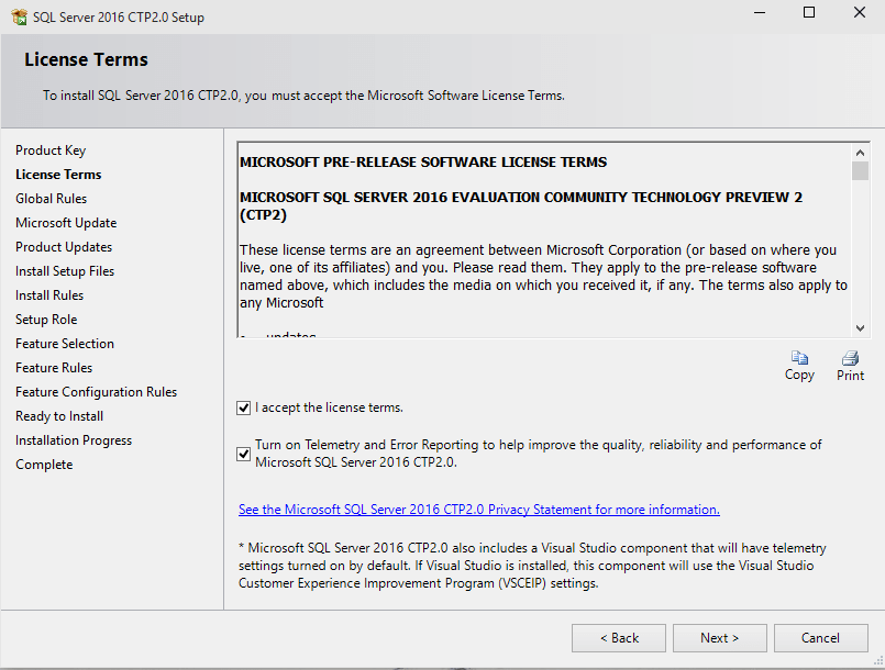 SQL Server 2016 license terms and telemetry