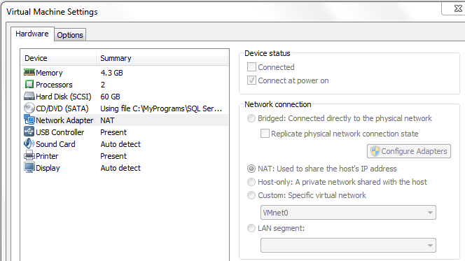 Network adapter NAT settings on virtual PC for internet connetion