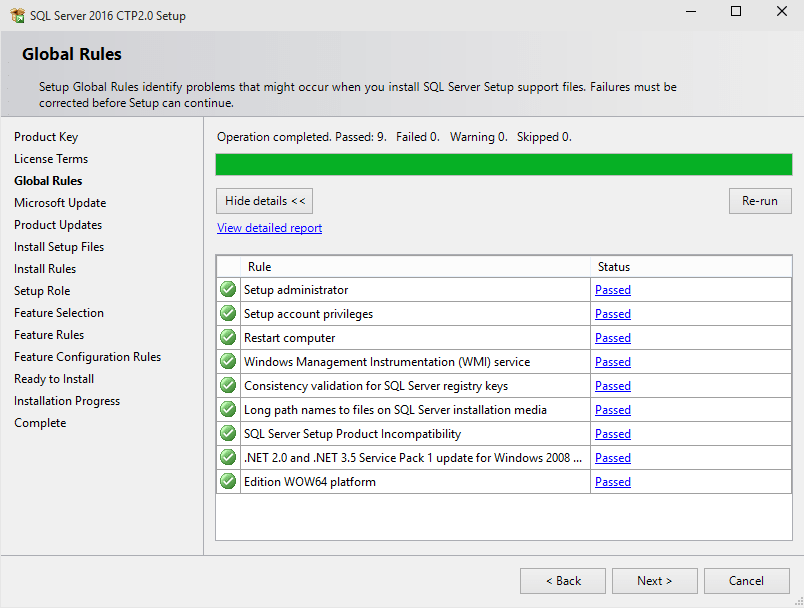 SQL Server 2016 setup support files rules check