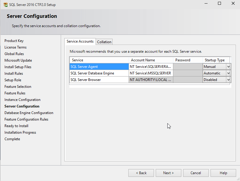 service accounts for SQL Server 2016 instances