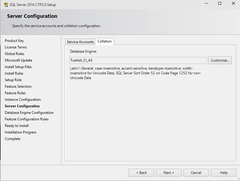 SQL Server 2016 Database Engine collation