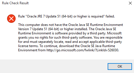 Oracle JRE Update is required for SQL Server 2016