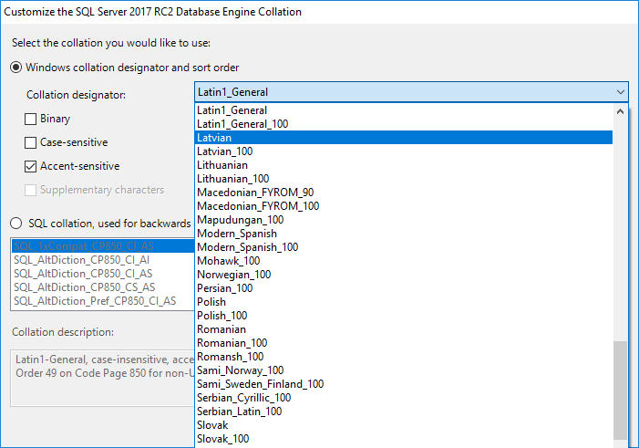 available collations for SQL Server
