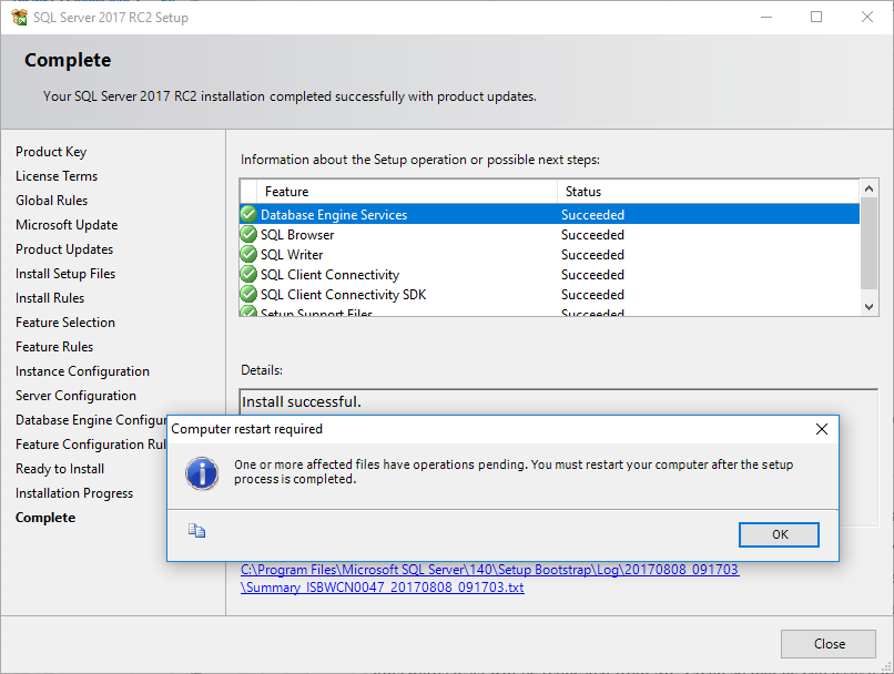 SQL Server 2017 setup completed