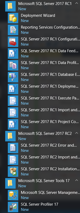 SQL Server 2017 and installed tools seen in Start Menu