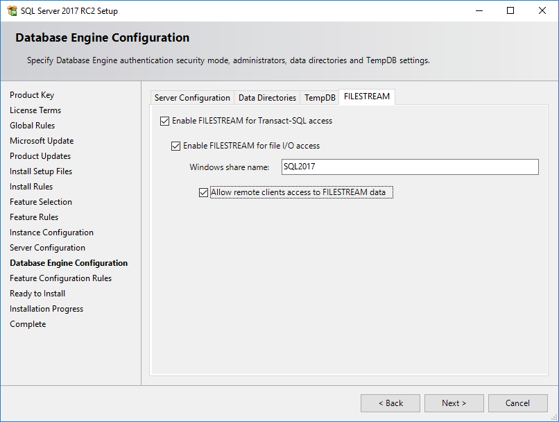 SQL Server 2017 FileStream configuration during setup