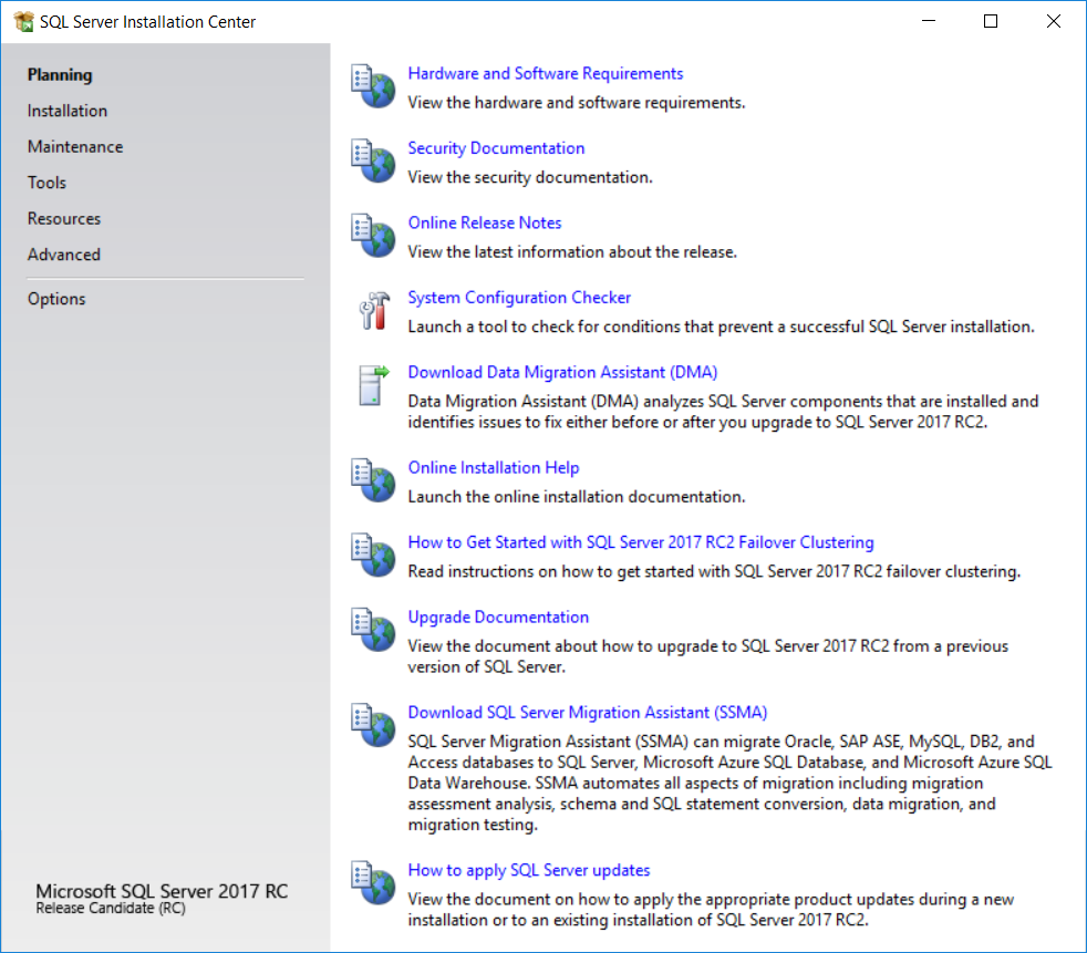 SQL Server 2017 Installation Center