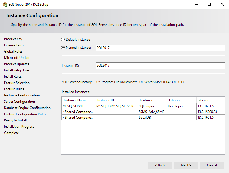SQL Server 2017 instance configuration