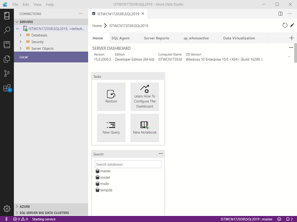 SQL Server 2019 connection and properties in Azure Data Studio