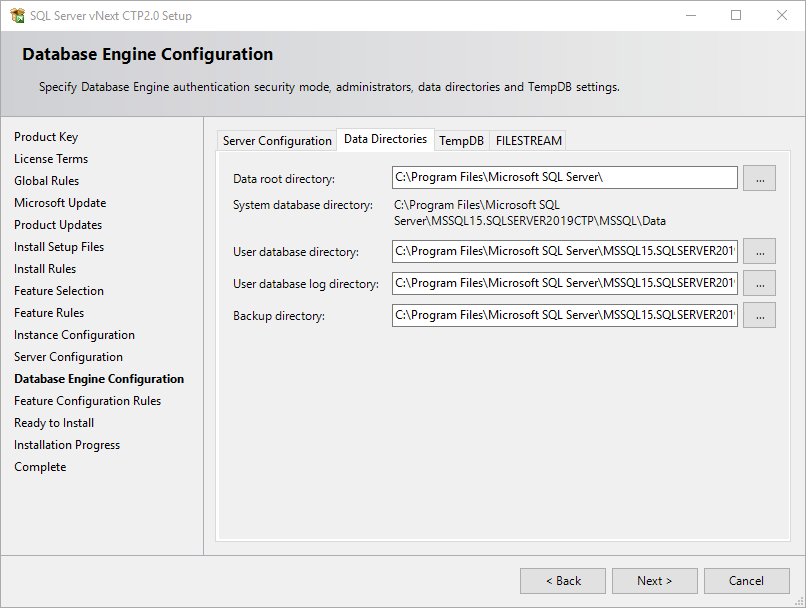 data directories for SQL Server 2019 instance