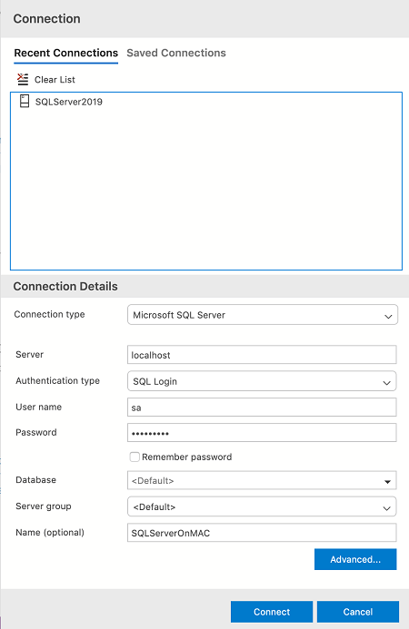 connection to SQL Server from Azure Data Studio