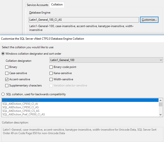 customize SQL Server 2019 database engine collation