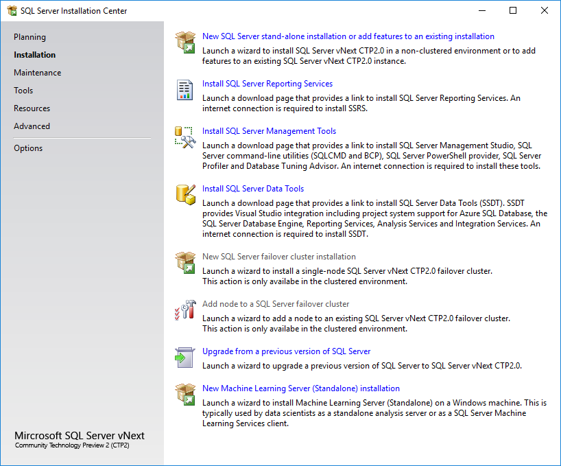 SQL Server 2019 installation options