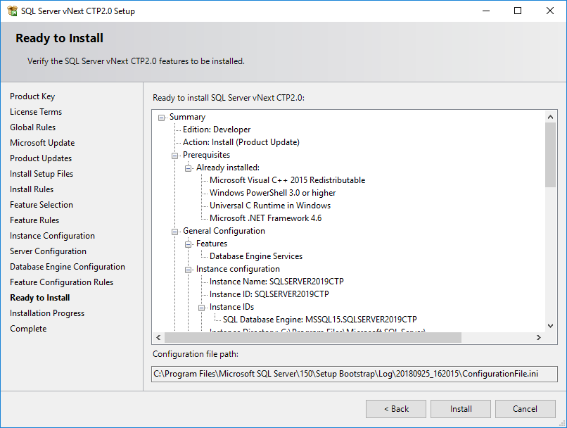 verify SQL Server 2019 features selected for installation
