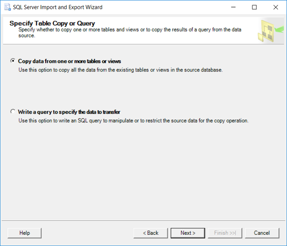 table copy or query for SQL Server Import and Export tool