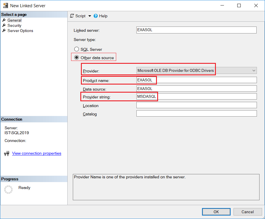 SQL Server Linked Server configuration for accessing Exasol database