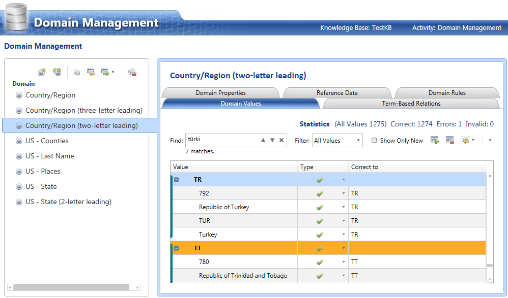 Domain and Knowledge Base Management for Data