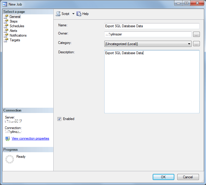 define SQL job properties on SQL Server Management Studio