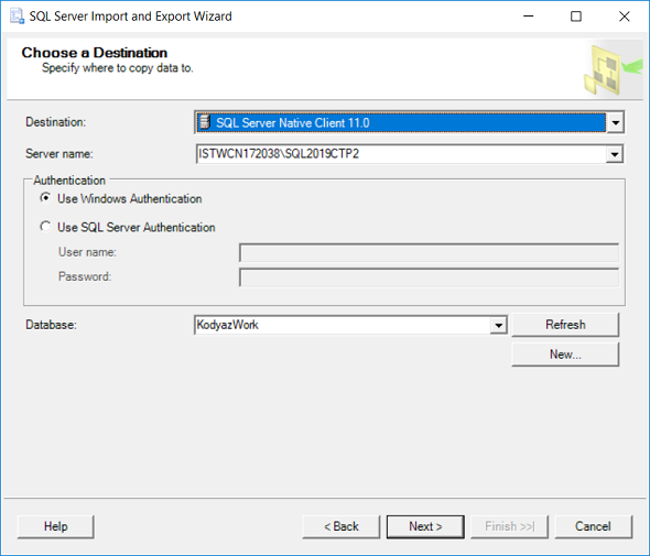 destination for SQL Server Data Export Task