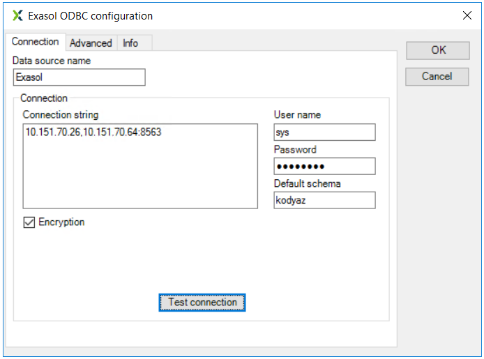 Exasol ODBC connection string properties