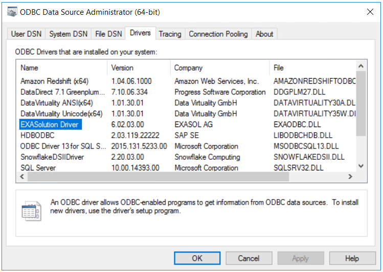 ExaSolution Driver at ODBC Data Source Administrator
