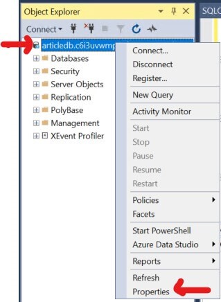 SQL Server properties on SQL Server Management Studio