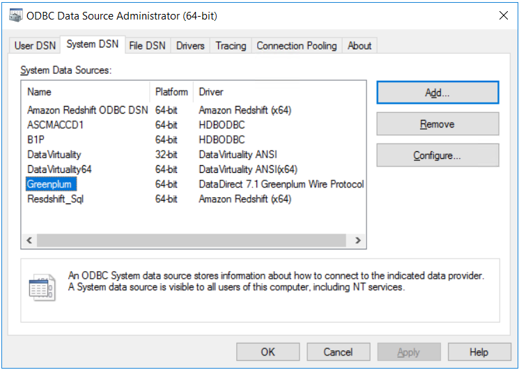 Greenplum System DSN created using ODBC driver