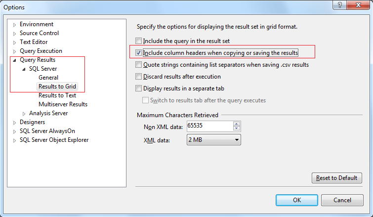 SQL Server Management Studio options for displaying result set