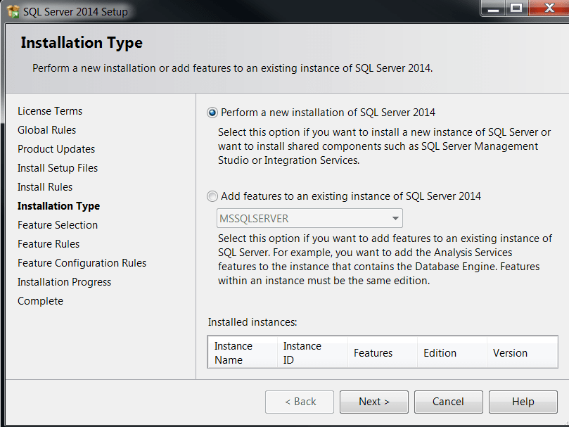 perform new installation of SQL Server 2014 for Data Tools