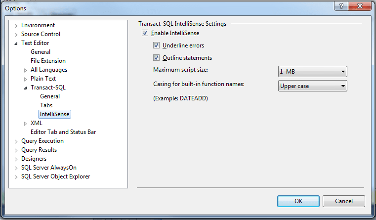 SQL Server Management Studio Text Editor IntelliSense settings