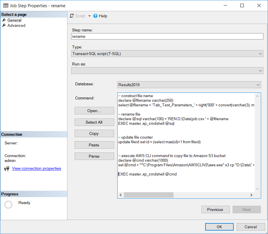 rename and copy csv file using SQL Server xp_cmdshell and AWS CLI command