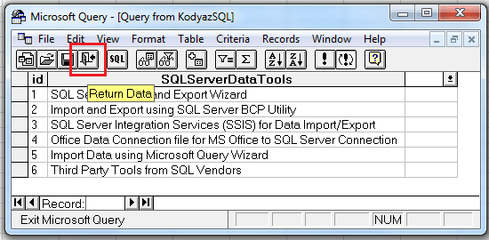Excel Microsoft Query with data from SQL Server database