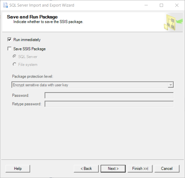 save and run SSIS package for SQL Server data export