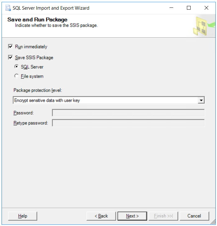 save SQL Server data export task as SSIS package