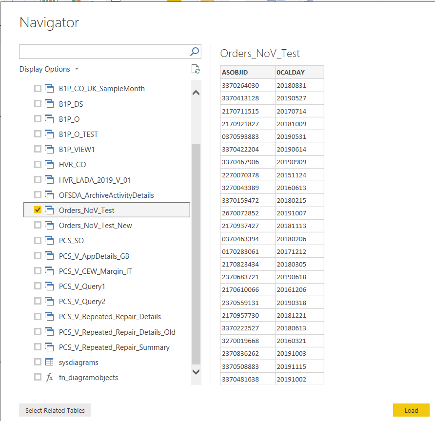choose and load the data source table or view for your Power BI report