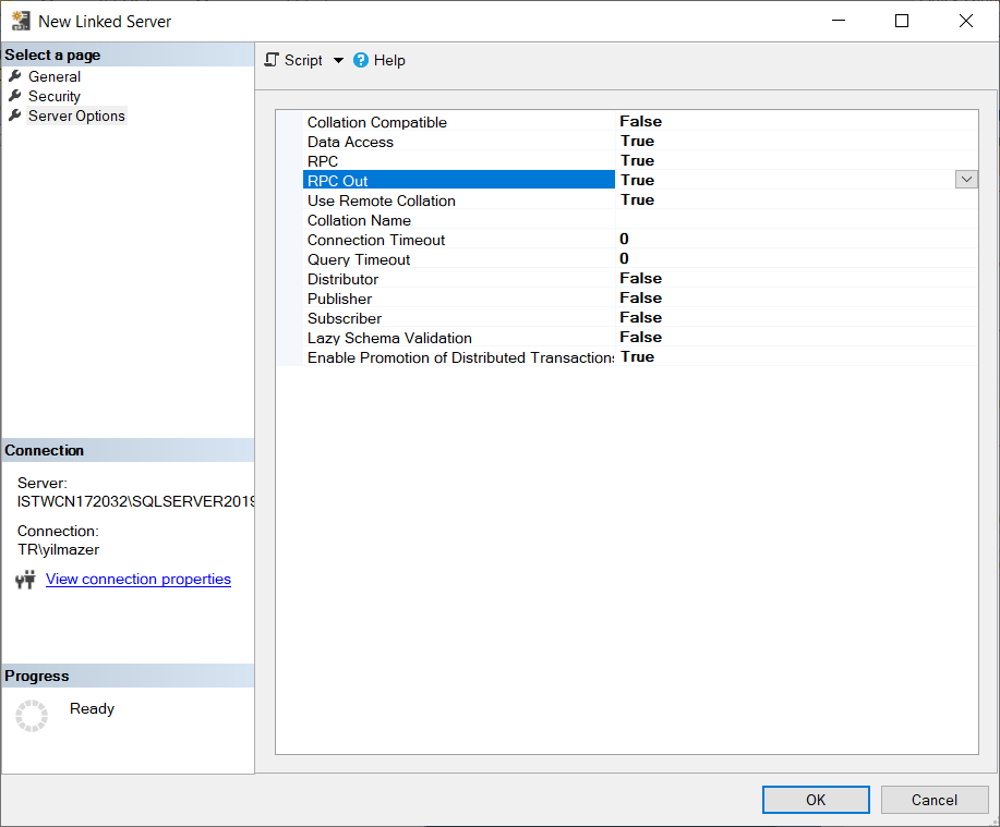 Linked Server RPC server option settings