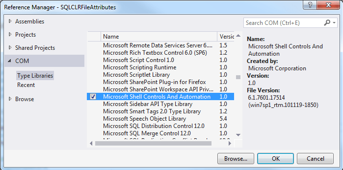 add Microsoft Shell Controls and Automation as reference for SQL Server CLR project