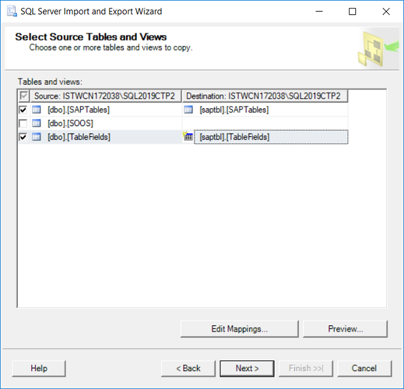 map source database tables to destionation tables