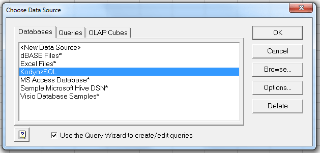 choose data source for Excel import for SQL Server database